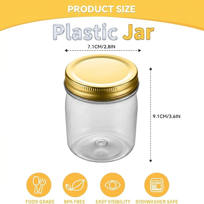 novelinks 8 oz Clear Plastic Jars with Airtight Lids, 32 Pack Plastic Mason Jars with Lids 8oz, Refillable Storage Slime Containers & Small Spice Jar for Kitchen Organization (32 Pack,Gold)