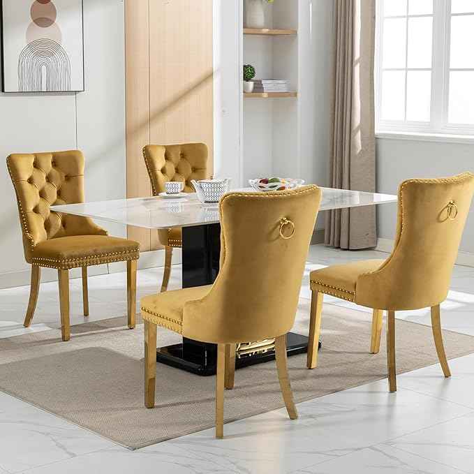 Gold Velvet Dining Chairs Set of 6, Kitchen & Dining Room Chairs, Tufted Upholstered Dining Room Chair, Back Ring Pull Trim, Golden Stainless Steel Legs, Gold