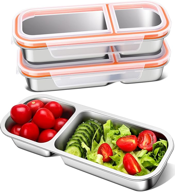 KTKUDY 3 Pack Stainless Steel Snack Containers for Kids & Adults - Large - Leak-Proof 2-Compartment Stackable Snack Lunch Boxes for Daycare, School, Work & Travel