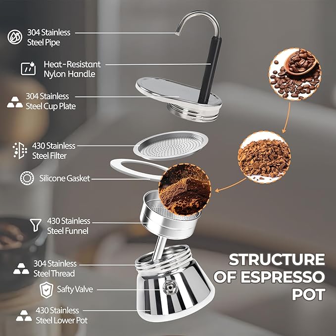 Uncoated 1 Cup Single Tube Moka Pot 304 Thickened Stainless Steel Mini Coffee Maker Stovetop Espresso Coffeemaker Italian Classic Style Brewing Greca Cafe Mocha for Camping Travel Home 90ml