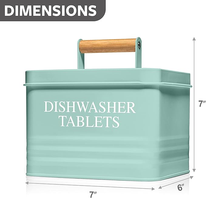 Calindiana Modern Farmhouse Metal Dishwasher Pods Container with Lid for Kitchen Organization and Storage, Kitchen Essentials Decor Accessories, Dishwasher Pods Holder, Mint