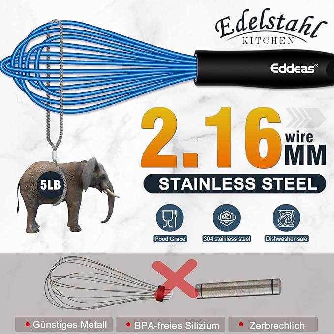 Silicone Whisk, Non Scratch Whisk for Cooking, 5+7+9+11in Balloon Whisks, Suitable for Mixing, Blending. 11in Flat Whisks great for Ceramic Coated pans and Wider shallower pots. (Blue)