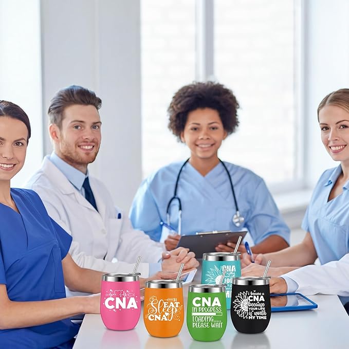Sliner 8 Pcs CNA Gifts Tumbler with Lid, 12oz Stainless Steel Cups CNA Week Appreciation Gifts Medical Tumblers for Women Men RN Certified Nursing Assistant Graduation Office Essentials Nurse Week