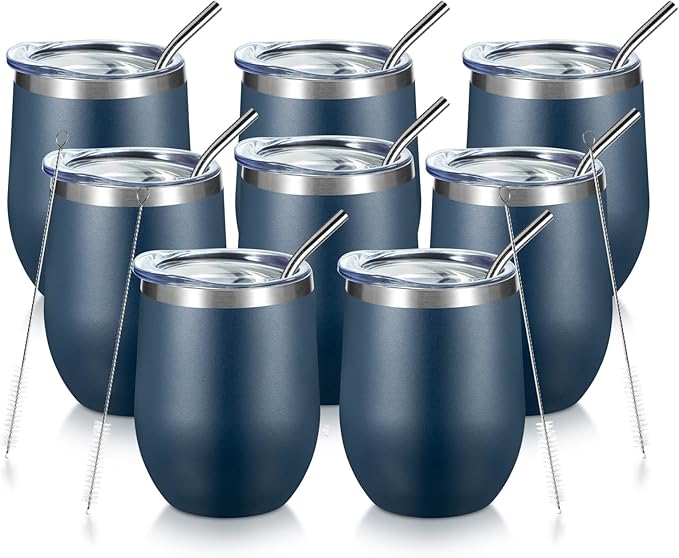 COMOOO 12oz Stainless Steel Wine Tumbler with Lid and Straw Double Wall Vacuum Insulated Wine Tumbler Cup Stemless for Hot and Cold Drinks, Coffee, Wine, Cocktails Navy, 8 Pack