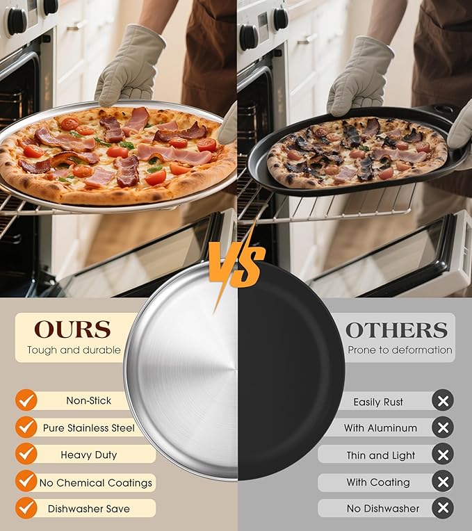 Yuiicaov Stainless Steel Pizza Pan 16 inch, Pizza Pan for Oven, Steel Pizza Tray, Thick Round Pizza Plate Pizza Baking Sheet, Easy Clean & Dishwasher Safe, Set of 1