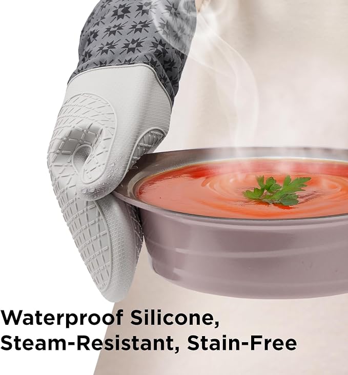 Kitchen Mama UltraShield Silicone Oven Mitts – Heat Resistant, Non-Slip Surface, Durable, Safe, Pot Holders, Flexible Waterproof Glove Set, Perfect for Cooking, Baking, Grilling, BBQ (Gem -Gray)