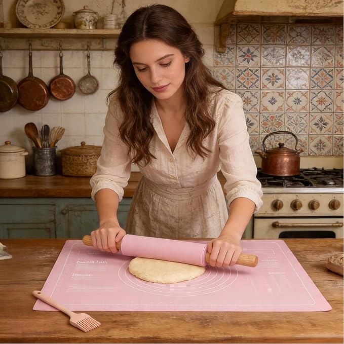 3Pcs Silicone Rolling Pin for Baking Sets,15Inch Pastry Dough Roller with Wooden Handle Silicone Mat and Brush, Non Stick Surface Rolling Pins for Dough Cookie Baking Supplies Kitchen Accessories