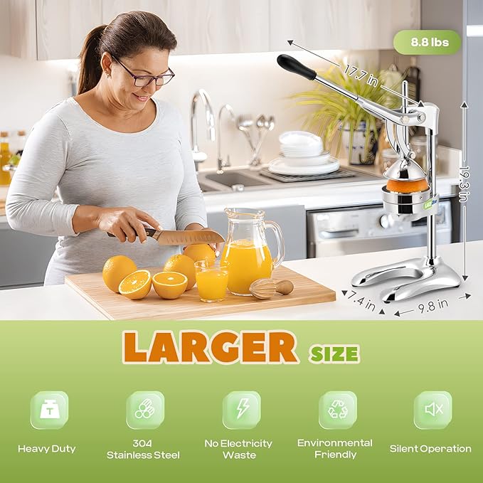 Manual Juicer Hand Press Professional Citrus Juicer Countertop Metal Orange Lemon Pomegranate Squeezer for Commercial Home Restaurant Use( Stainless Steel Heavy Duty Extra Large 7.4*9.8*19.3")