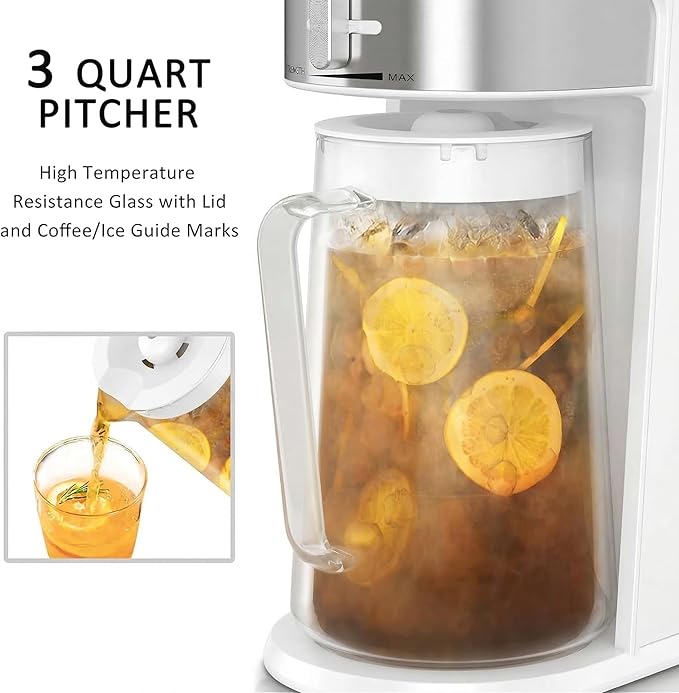 wirsh Iced Tea Maker with 3QT Pitcher, Iced Coffee Maker with Strength Control and Reusable Filter, Perfect For Iced Coffee, Latte, Tea, Lemonade, Flavored Water,White