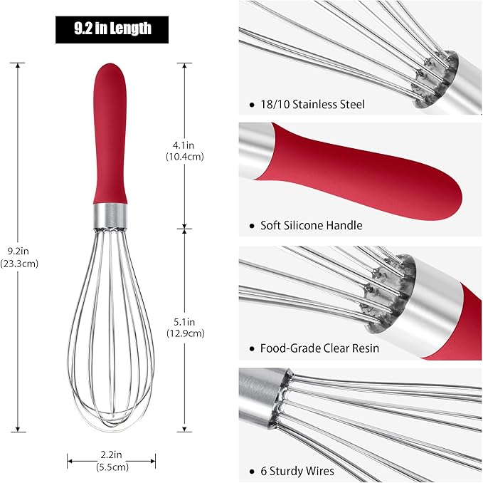 18/8 Stainless Steel Balloon Whisk, Doosu Kitchen Whisk for Cooking Handheld Egg Beater with Rust-Proof Sturdy Wires & Non-Slip Silicone Handle for Beating, Stirring, Blending (6 Wires, Red)