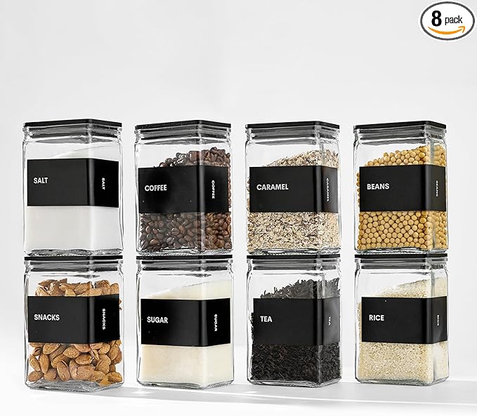 Glass Storage Jars with Bamboo Lids, 27oz Square Food Storage Containers for Kitchen Pantry Organization, Storage Canisters with Labels for Cereal Flour Beans Tea, Large Spice jars Seasoning Bottles