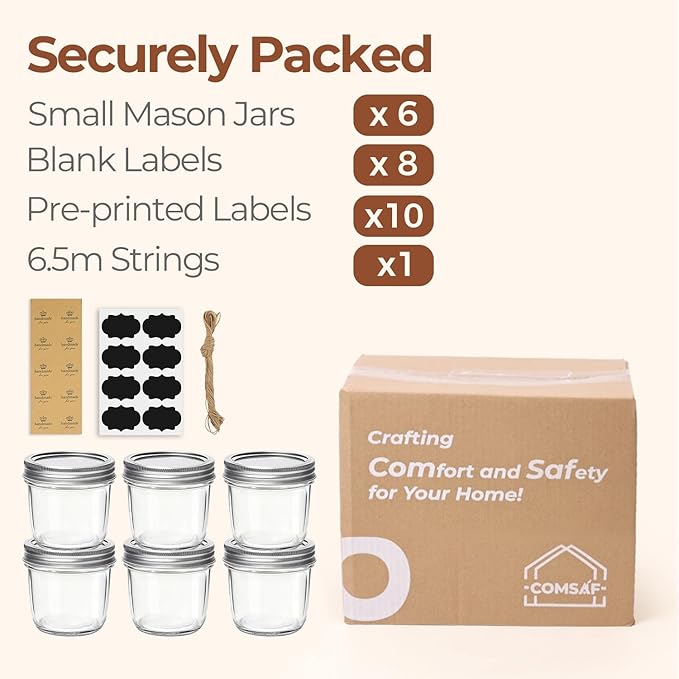 ComSaf Wide Mouth Mason Jars with Lids 8 oz 6Pcs, Half Pint Small Mason Containers, Canning Jars for Jam, Jelly, Meal Prep, Overnight Oats, Yogurt Parfait, Shower Wedding Favors, DIY Candles Decor