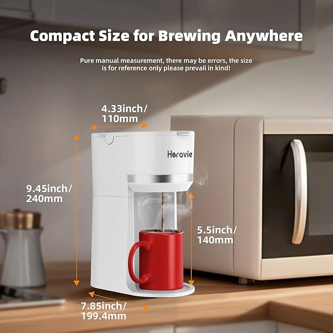 Horavie Mini Single Serve Coffee Maker for K-Cup Pod and Ground Coffee, Fast Brew One Cup Coffee Machine with Descaling Reminder and Viewing Tank, 6 to 12 oz. Brew Sizes, White