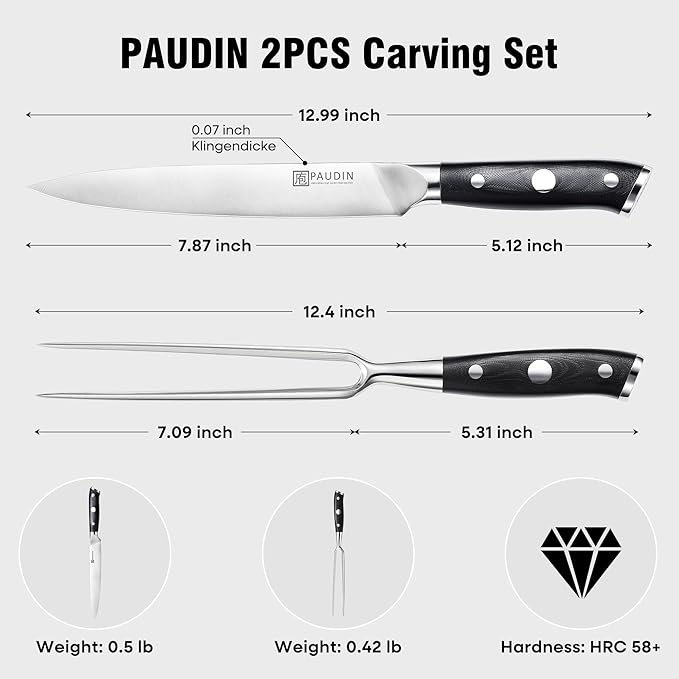 PAUDIN Carving Knife Set - 8" German Steel Turkey Carving Knife and Fork Set With Ergonomic Handle, Full Tang For Meat, Brisket