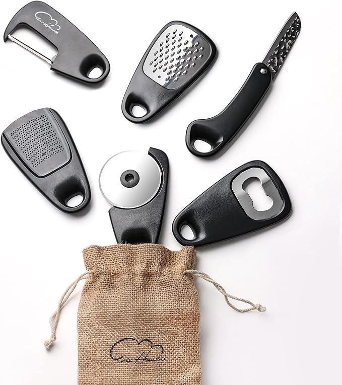 Kitchen Gadgets Set 6 Piece, Space Saving Kitchen Utensils Stainless Steel Accessories Cheese Grater, Bottle Opener, Pizza Cutter, Vegetable Peeler, Paring Knife, Garlic Grinder, Burlap Bag Gift(BLK)