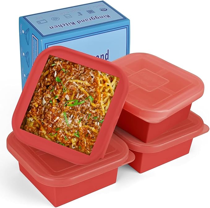 2 Cup Silicone Freezer Trays with Lid 4 Pack Silicone Freezer Molds soup freezer containers Make 4 Perfect Soups, Broths, Stews, Sauces, Curries (Red)