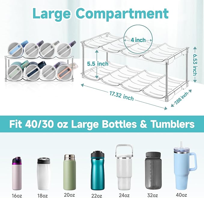 Stackable Water Bottle Organizer, Large Compartment Water Bottle Holder for Stanley 40 oz Tumbler, Kitchen Storage Organizer for Stanley Cup Accessories, Tumbler Organizer Wine Rack - Hold 8 Bottles