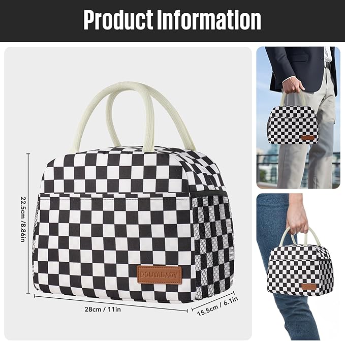 douyadady Lunch Bag Women/Men Lunch Box Women/Men (Black+White Checkerboard)