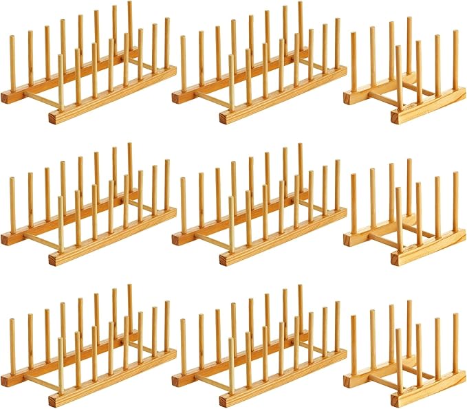 Zopeal 9 Pcs Bamboo Wooden Plate Racks Dish Rack Stand Holder 3/6/ 7 Slots Drainboard Drying Drainer Kitchen Cabinet Organizer for Dish Plate Bowl Cup Pot Lid Book