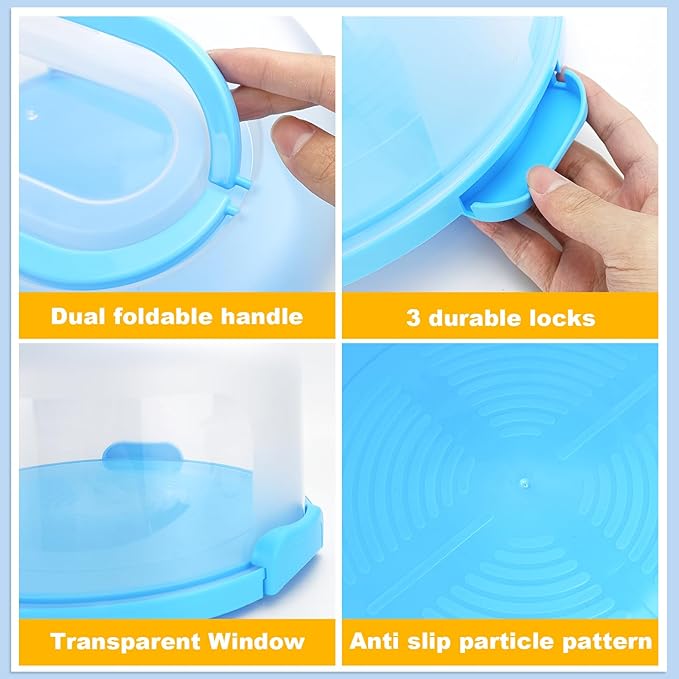 Cake Carrier with Lid and Handle, Fit 10’’ Cake Stand with Lid, Cake Transport Storage Container, Cake Containers Cover Stand with Lids, 3 Secure Side Closures (Blue)