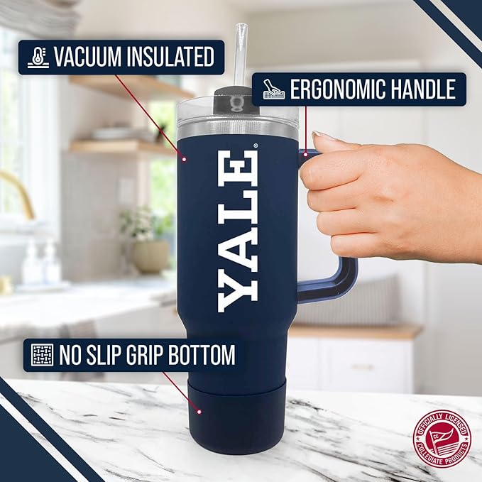 Campus Colors College & University 40 oz Travel Tumbler With Handle - Dual Option Lid With Straw - Vacuum Insulated Stainless Steel (Yale Bulldogs - Navy)