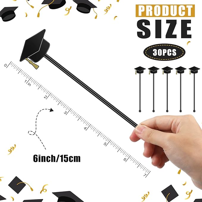SiliFine 30 Pcs Graduation Cap Drink Stirrers Graduation Stir Sticks Coffee Stirrers Cocktail Mixers Plastic Swizzle Sticks Hot Cocoa Bar Supplies for Party Bar Coffee Tea Favors (Gold)