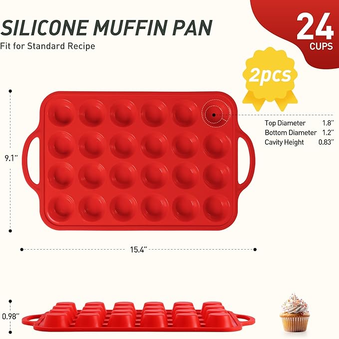 2 Packs 24 Cups Silicone Muffin Pan with Metal Reinforced Frame Mini Size Cupcake Pan Tray Egg Bites Silicone Circle Cookie Molds Muffin Tin Tart Pans Baking Sheet Set for Breakfast Sandwiches
