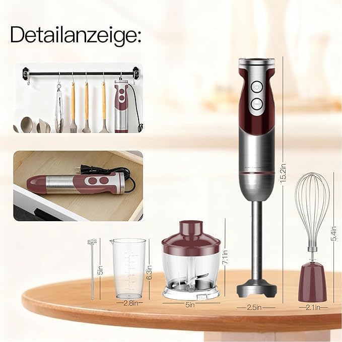 MegaWise 3-in-1 Hand Blender Set with Variable Speed Control, 400W Immersion Blender - Includes Whisk, Milk Frother, Chopper, and Beaker for Smoothies, Soups, and Baby Food (RED)