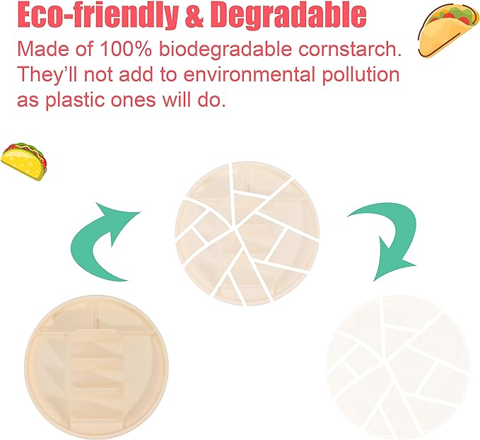 Large Disposable Taco Plates With Dipping Sides - 20 Pack, Biodegradable Cornstarch Taco Holder, Big Size Fit 6-8 Inch Soft & Hard Tortilla, Sturdy & Microwave Safe, Bar Serving Set For A Party