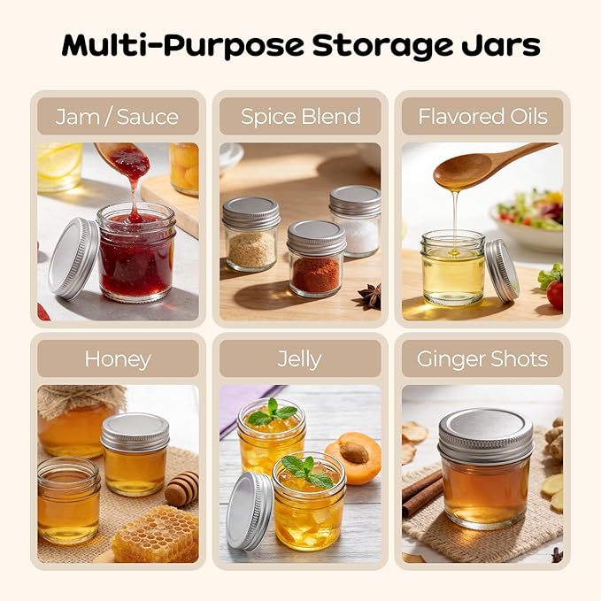 48 Pack 2 oz Small Mason Jars, Mini Glass Jars with Lids for Jam Ginger Shots Honey Spices Wedding Favors, Includes Labels, String & Handmade Tags
