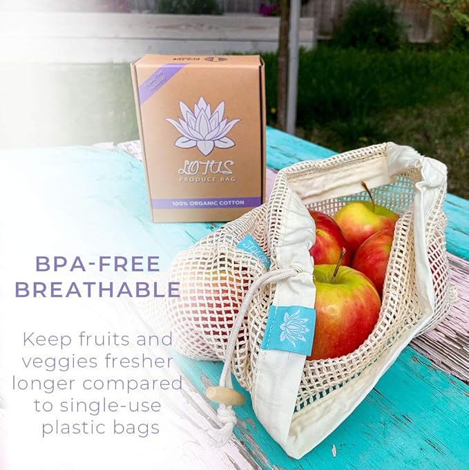 Lotus Reusable Produce Bags - Organic Cotton Washable Produce Mesh Bag for Vegetable Storage, Eco Friendly Reusable Produce Storage Fruit Bag Mesh for Groceries (3 Size Cloth Bags)