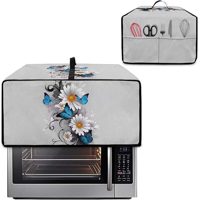 Toaster Oven Cover Dust-Proof Countertop Convection Oven Cover Protective Smart Microwave Oven Accessories and Decor, M, 16.5 x 20.5 x 10 inches, Daisy Butterfly Gray