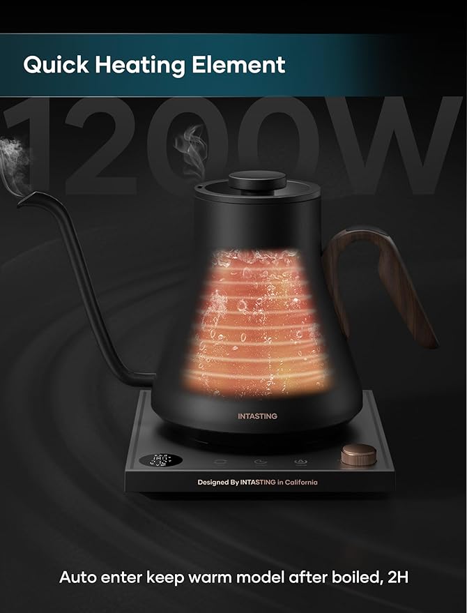 Electric Kettles, INTASTING Gooseneck Electric Kettle, ±1℉ Temperature Control, Wooden Accents, Stainless Steel Inner, Quick Heating, for Pour Over Coffee, Brew Tea, Boil Hot Water, 0.9L Black