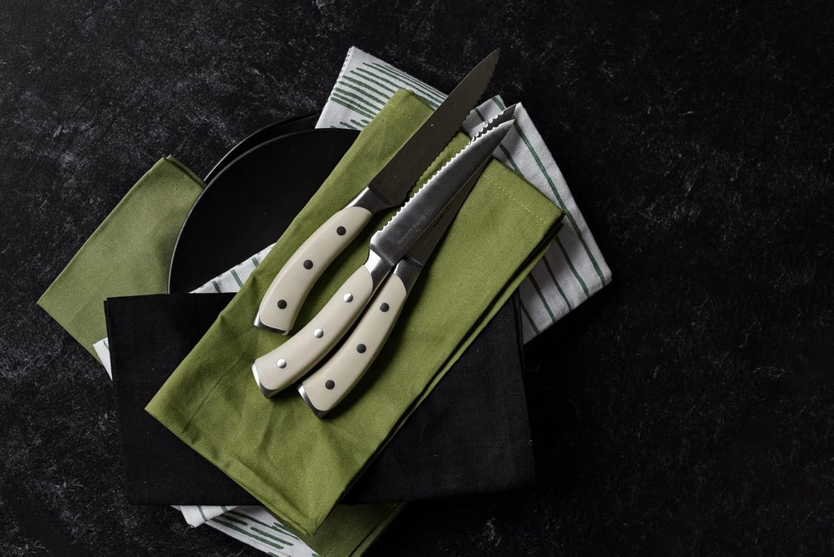 8-Piece Serrated Kitchen Steak Knife Set – Forged High Carbon Stainless Steel, Ultra Sharp, Ergonomic Black Handles, Durable Dinner Knives, Cream Handle