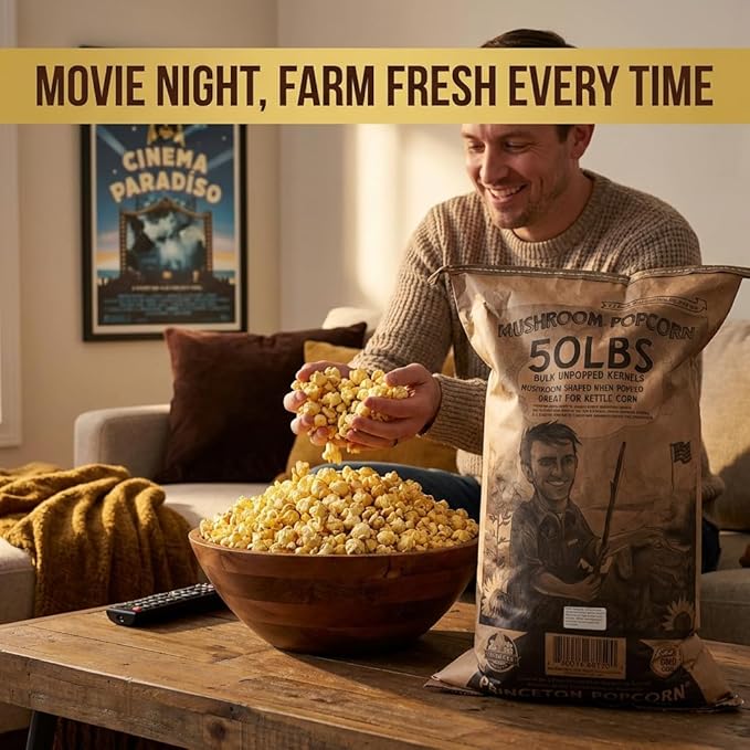 Princeton Popcorn Mushroom Popcorn Kernels Extra Large - Easy-Eating, Farmer Direct Non-GMO Gluten Free Bulk Popping Corn, Popcorn Kernels for Oil Pop or Hot Air Popper or Stovetop Bulk 50lb Bag