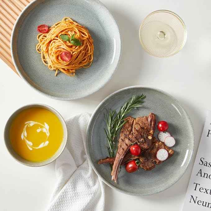 24 Piece Dinnerware Sets for 8, Modern Stoneware Plates and Bowls Sets, Perfect for Family Gatherings & Holiday Celebrations, Easy Cleaning Dishes, Stack Compactly Plate Set, Gradient Green