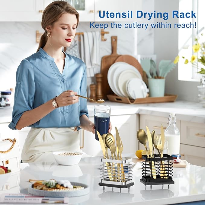 Utensil Holder for Kitchen Counter, Small Stainless Steel Cutlery Holder Organizer with Drying Diatomaceous Earth Base, 2 Slots Utensil Drying Rack Spoon Fork Organizer Crock Storage, Black