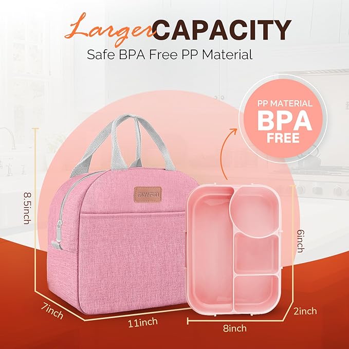 EASYFUN Bento Lunch Box Set Bento Box, 4-Compartment Lunch Containers,High Capacity Lunch Tote Bags for Work, Travel, Outdoor (Pink)