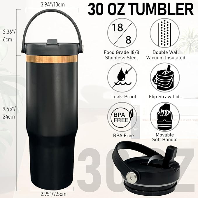 30 oz Tumbler Bulk with Handle and Straw, Vacuum Insulated Tumblers with Flip Straw and Top Handle, Leakproof Powder Coated Tumbler, Stainless Steel Travel Mug for Coffee Water (Black, 4 Pack)