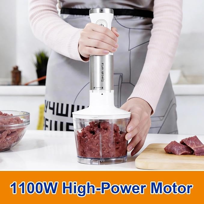 Upgraded 1100W 5-in-1 Immersion Hand Blender – 30 Speed Settings, Up to 15,500 RPM, Handheld with Milk Frother & Food Processor, White