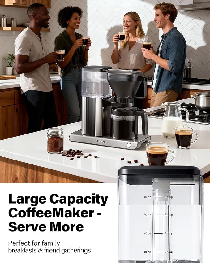SHARDOR 8-Cup Drip Coffee Maker with Reusable Filter and Glass Coffee Pot，Black and Sliver