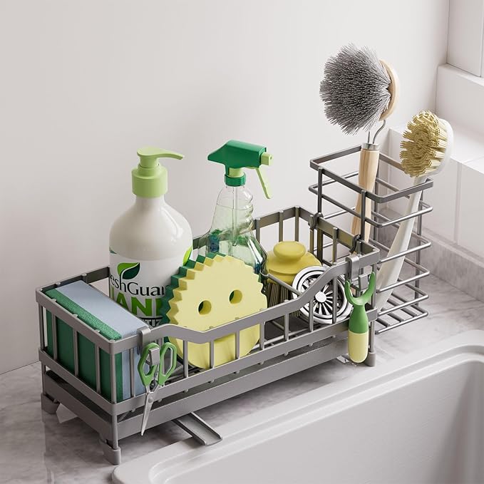 Sponge Holder for Kitchen Sink, Kitchen Sink Caddy with Long-Handled Dish Brushes Holder, 304 Rustproof Stainless Steel Countertop Organizers and Storage, Home Kitchen Sink Accessories (Grey)