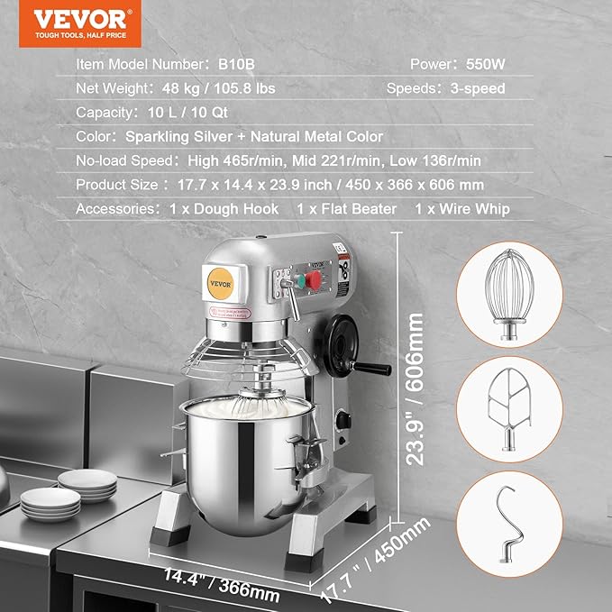 VEVOR Commercial Mixer, Commercial Food Mixer 10Qt Stainless Steel Bowl, 450W Commercial Stand Mixer with 3 Speeds Adjustable, Dough Hook Whisk Beater Included, Perfect for Bakery Pizzeria, Silver