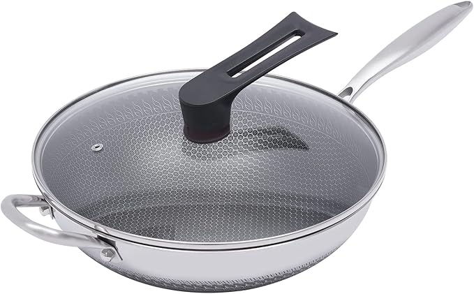 Wok Pan with Lid - 12 Nonstick Wok, Flat Bottom Chinese wok for Electric, Induction and Gas Stoves