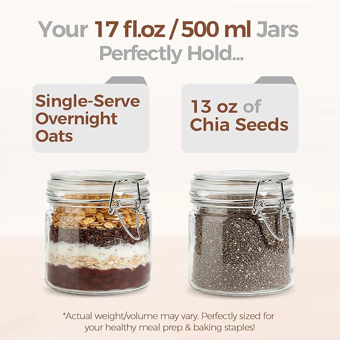 ComSaf 17oz Overnight Oats Containers with Lids 6-Pack, Wide Mouth Glass Jars for Meal Prep, 500ml Airtight Glass Canisters with Wire Clamp for Sourdough Starter, Fridge Pickling & Pantry Organization