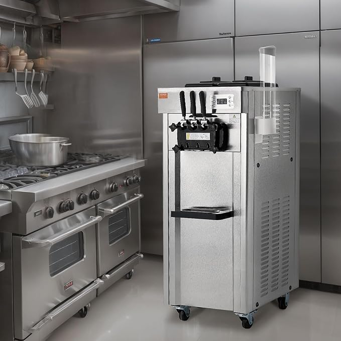 VEVOR 1850W Commercial Soft Ice Cream Machine 3 Flavors 5.5 to 8.2Gallon per Hour PreCooling at Night Auto Clean LCDPanel for Restaurants Snack Bar, Sliver