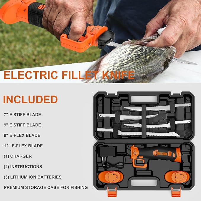 Electric Fillet Knife for Fish - Rechargeable Cordless Electric Knife With Non-Slip Grip Handle & 4 Ti-Nitride S.S. Coated Non-Stick Blades, 2 Batteriess Charger and Case For Fishing
