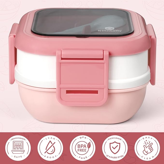 Sinnsally Bento Box Adult Lunch Box with Stainless Steel Container,Metal Lunchable Food Storage Container with Sauce Jar (Pink)