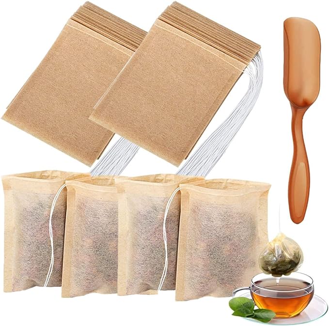 400 PcsTea filter bag, 100% natural wood pulp paper material, disposable tea soaking device, empty tea bag with drawstring, for loose leaf tea (3.5 x 2.75 inches)