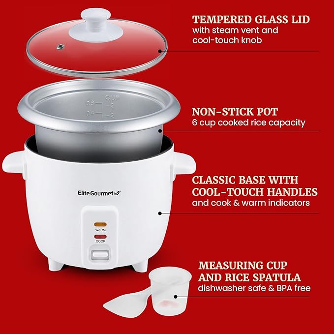 Elite Gourmet ERC-003X Electric Rice Cooker with Automatic Keep Warm Makes Soups, Stews, Grains, Hot Cereals, 6 Cups Cooked (3 Cups Uncooked), White
